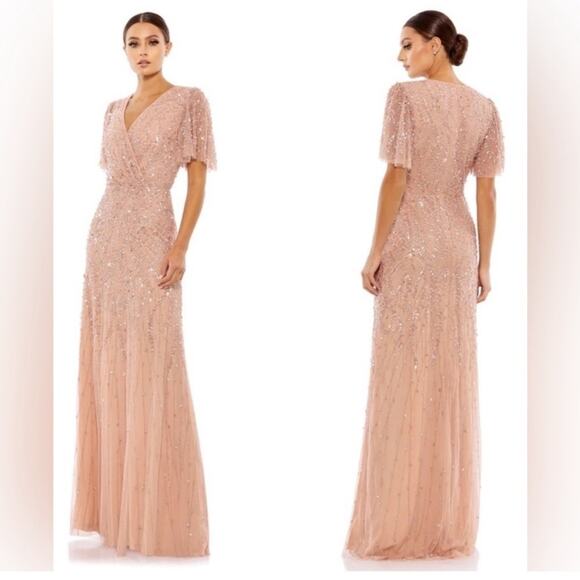 Mac Duggal  Pink Embellished Flutter Sleeve Gown 35109 - Nude - 8 - New with tag - Picture 1 of 11